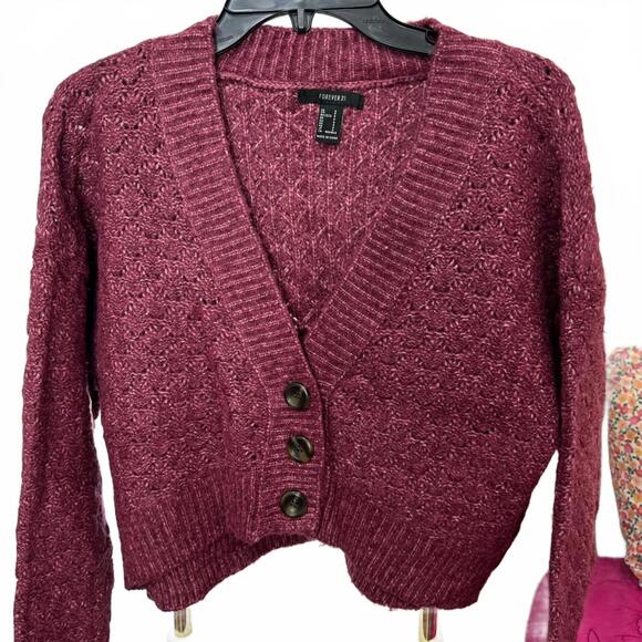 Forever 21 Berry Maroon Button Crop Cardigan- Size Small - Picture 3 of 7